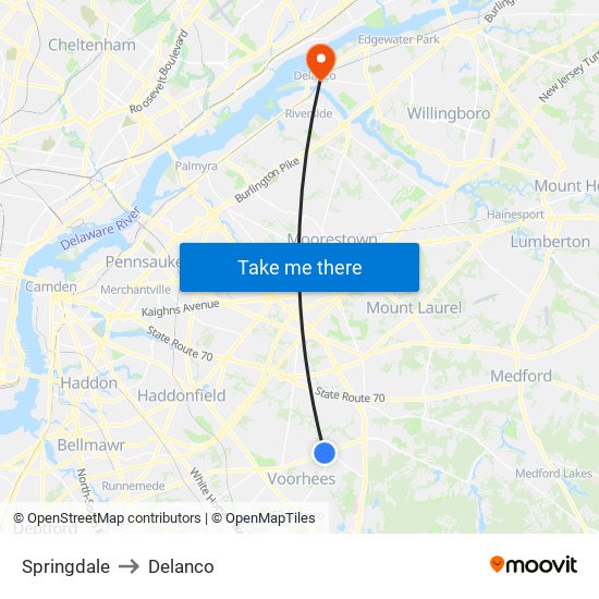 Springdale to Delanco map