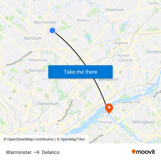 Warminster to Delanco map