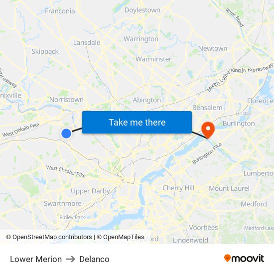 Lower Merion to Delanco map