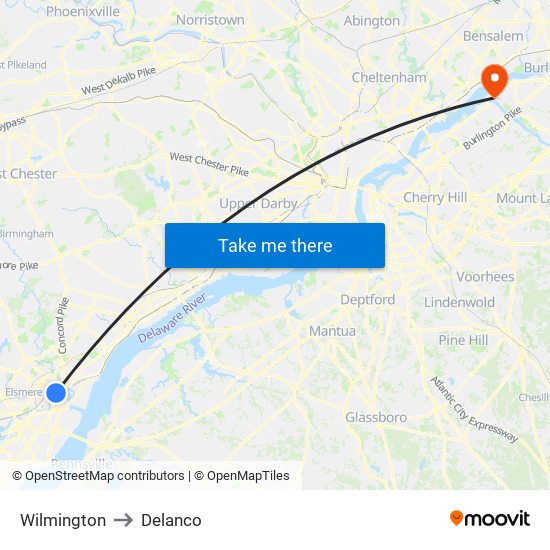 Wilmington to Delanco map