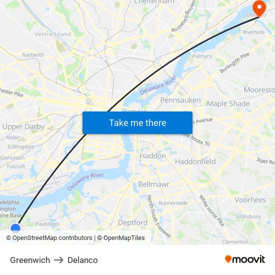 Greenwich to Delanco map
