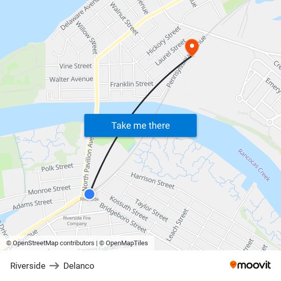Riverside to Delanco map