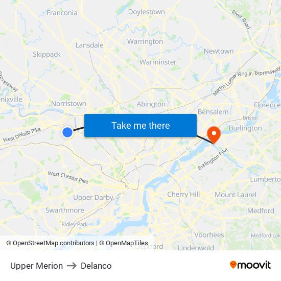 Upper Merion to Delanco map
