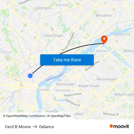 Cecil B Moore to Delanco map