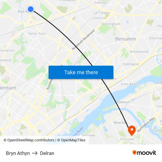 Bryn Athyn to Delran map