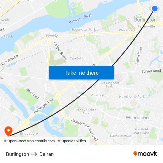 Burlington to Delran map