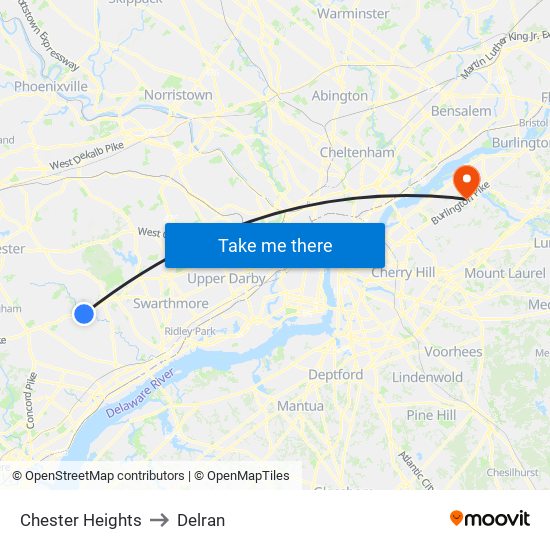 Chester Heights to Delran map