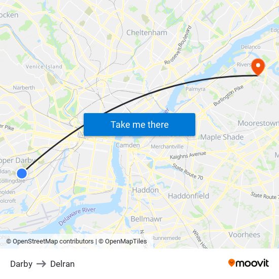 Darby to Delran map