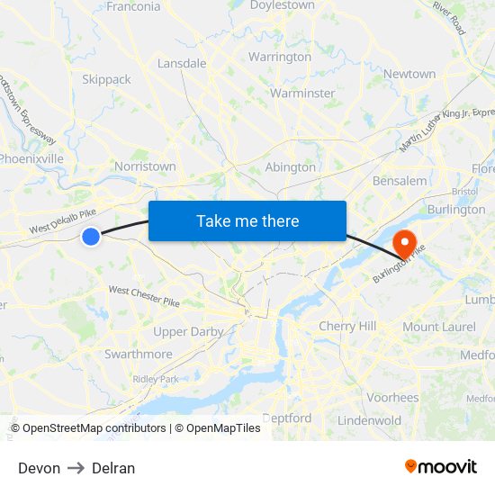 Devon to Delran map
