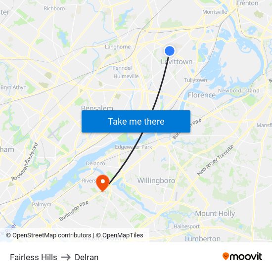 Fairless Hills to Delran map