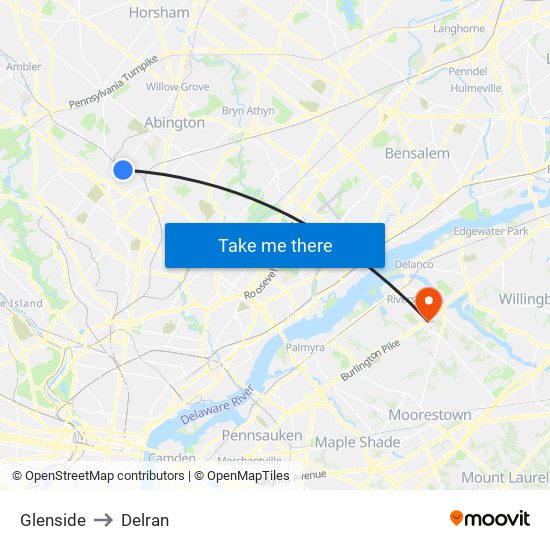 Glenside to Delran map
