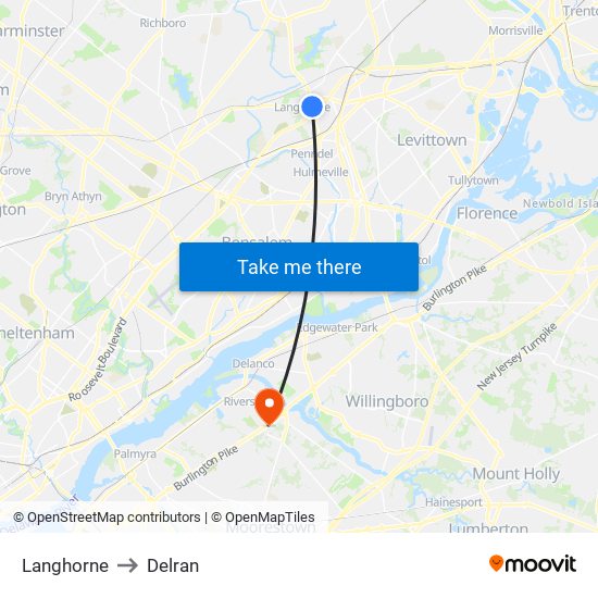 Langhorne to Delran map