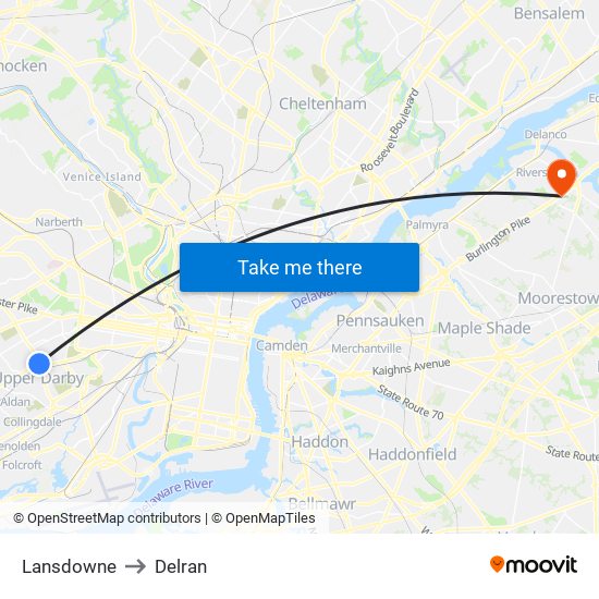 Lansdowne to Delran map