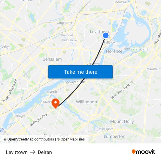 Levittown to Delran map