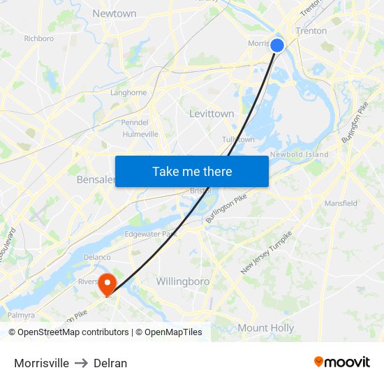 Morrisville to Delran map