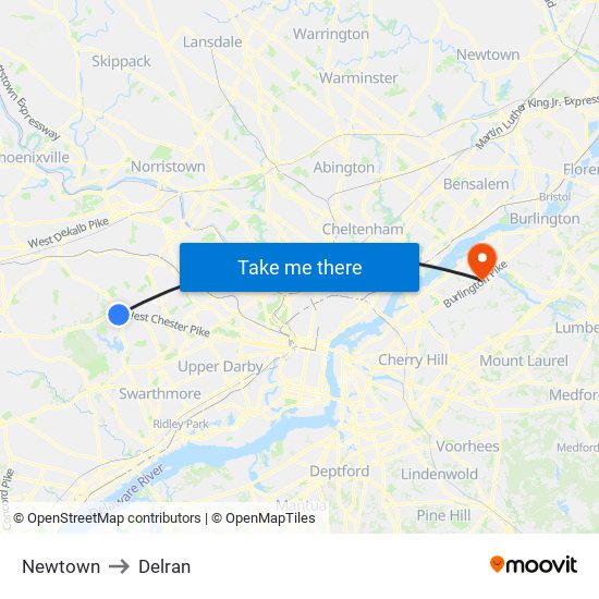 Newtown to Delran map