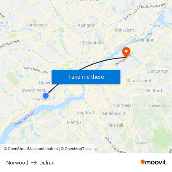 Norwood to Delran map