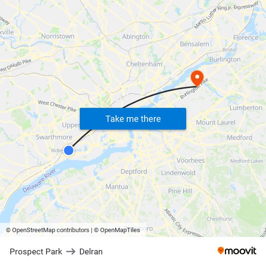 Prospect Park to Delran map