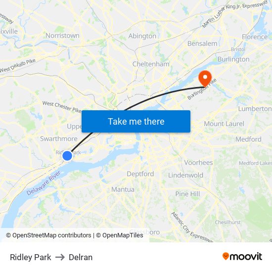 Ridley Park to Delran map