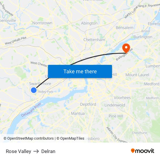 Rose Valley to Delran map