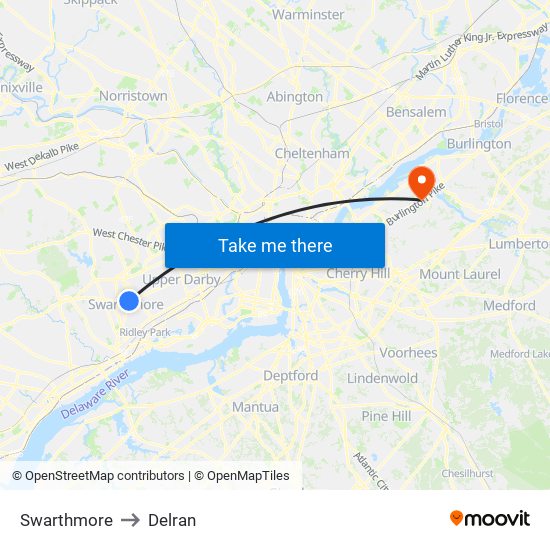 Swarthmore to Delran map