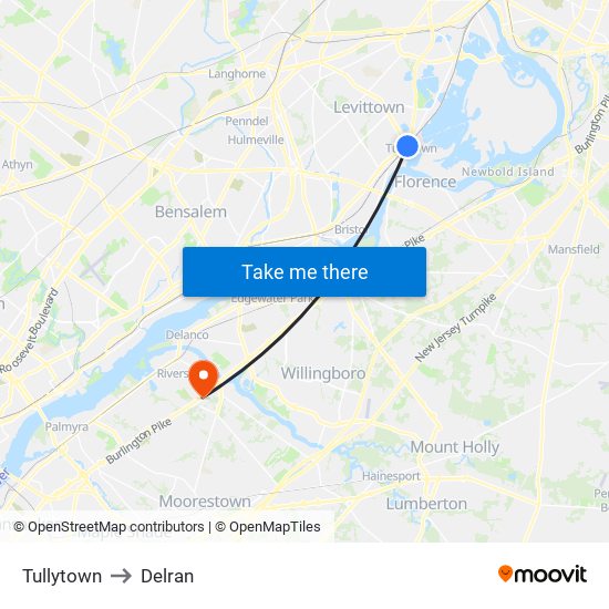 Tullytown to Delran map
