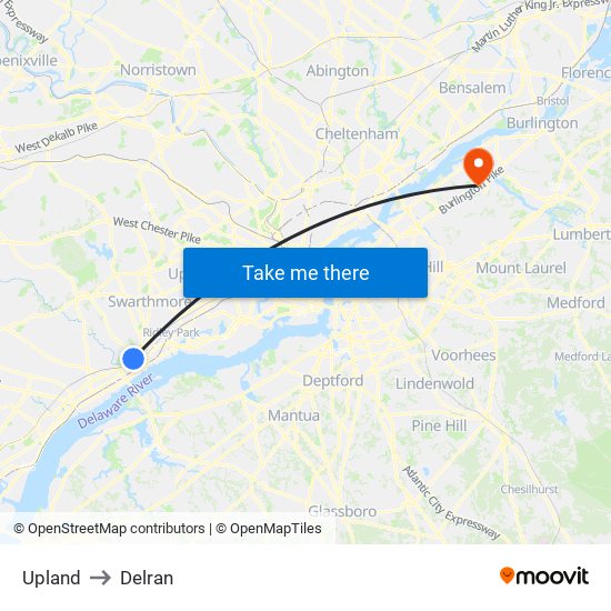 Upland to Delran map