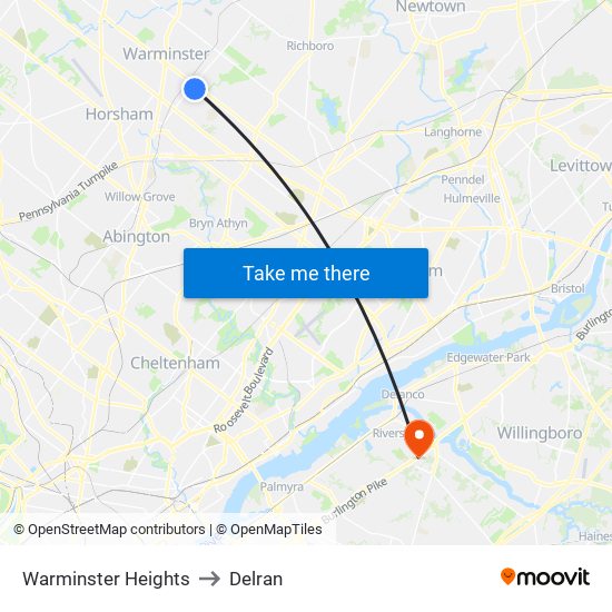 Warminster Heights to Delran map