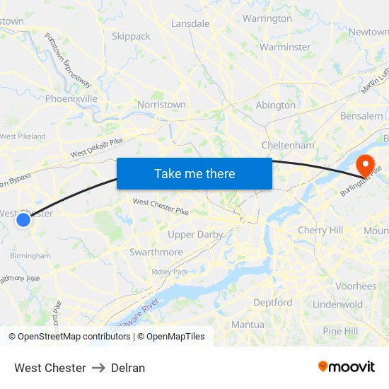 West Chester to Delran map