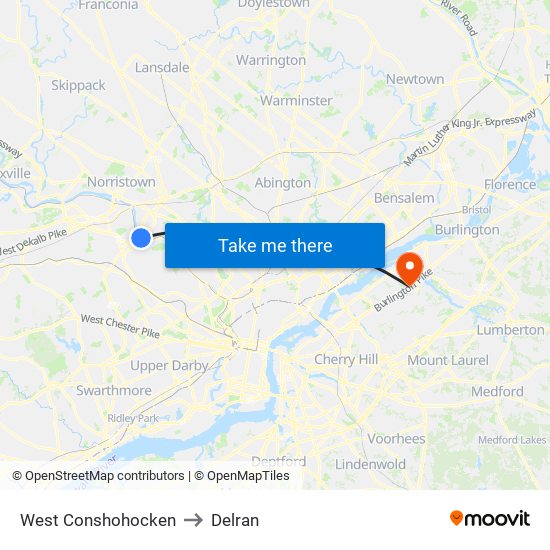 West Conshohocken to Delran map
