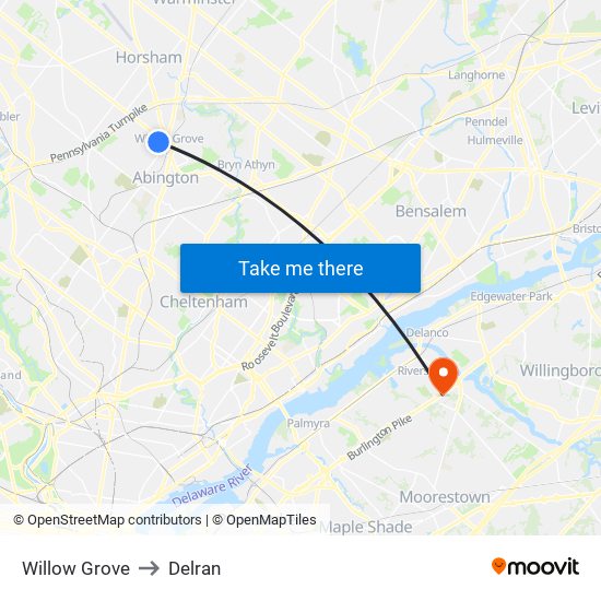 Willow Grove to Delran map