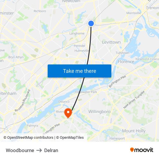 Woodbourne to Delran map