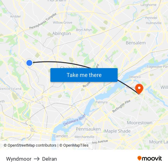 Wyndmoor to Delran map