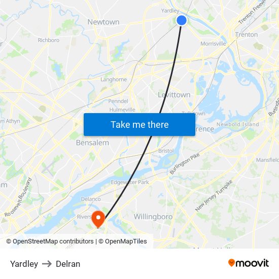 Yardley to Delran map