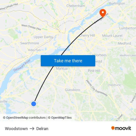 Woodstown to Delran map