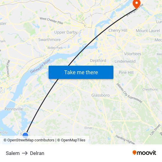 Salem to Delran map