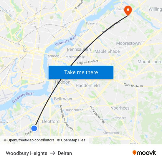 Woodbury Heights to Delran map