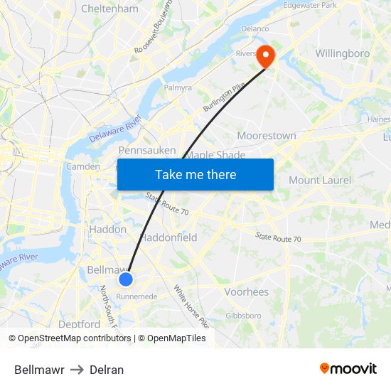 Bellmawr to Delran map