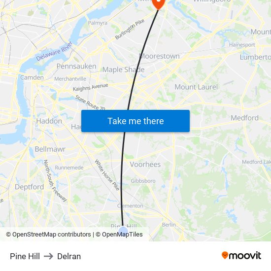 Pine Hill to Delran map