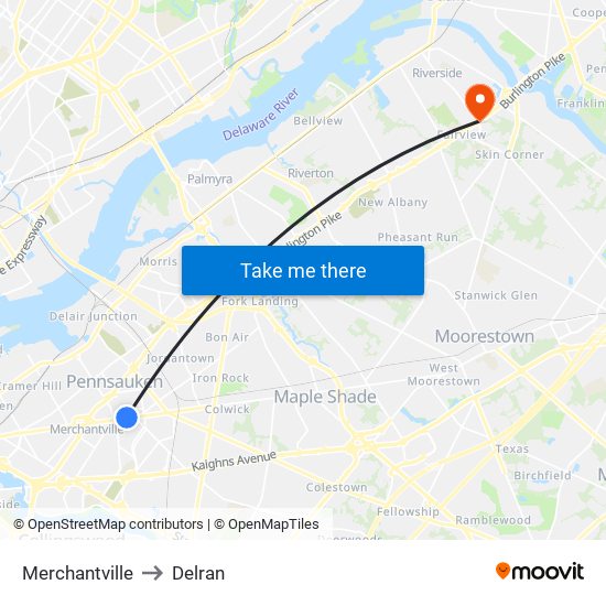 Merchantville to Delran map
