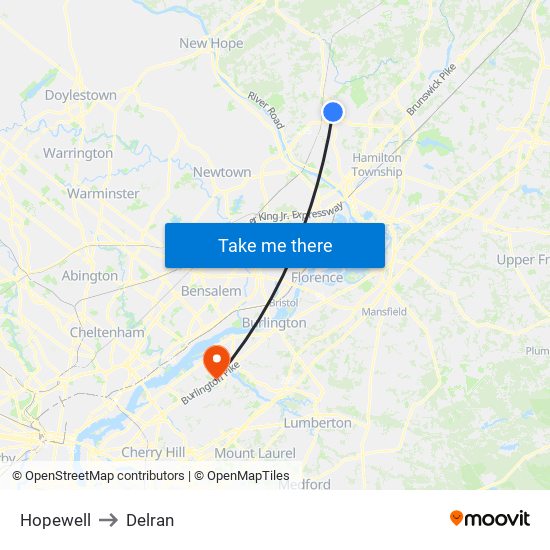 Hopewell to Delran map