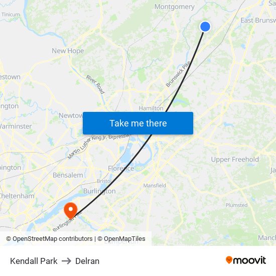 Kendall Park to Delran map