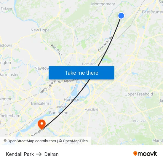 Kendall Park to Delran map
