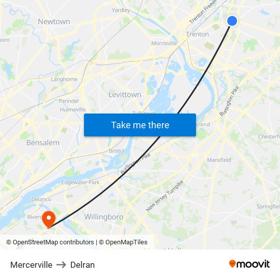 Mercerville to Delran map