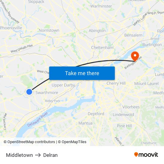 Middletown to Delran map