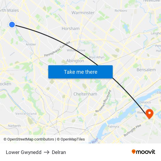 Lower Gwynedd to Delran map