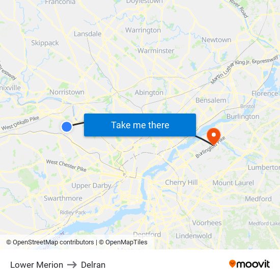 Lower Merion to Delran map