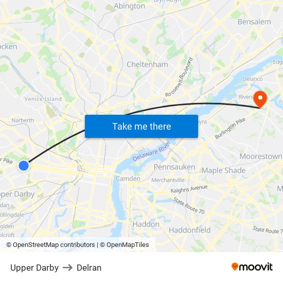Upper Darby to Delran map