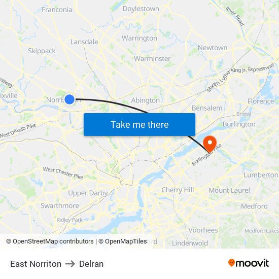 East Norriton to Delran map