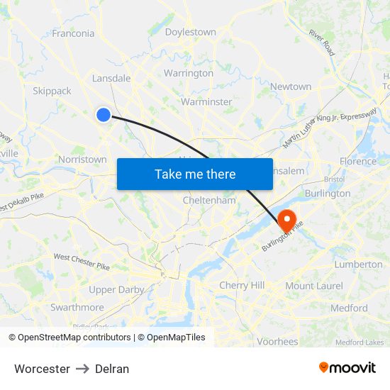 Worcester to Delran map